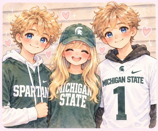 Kawaii watercolor illustration of three people wearing green Michigan State and Spartan hoodies.