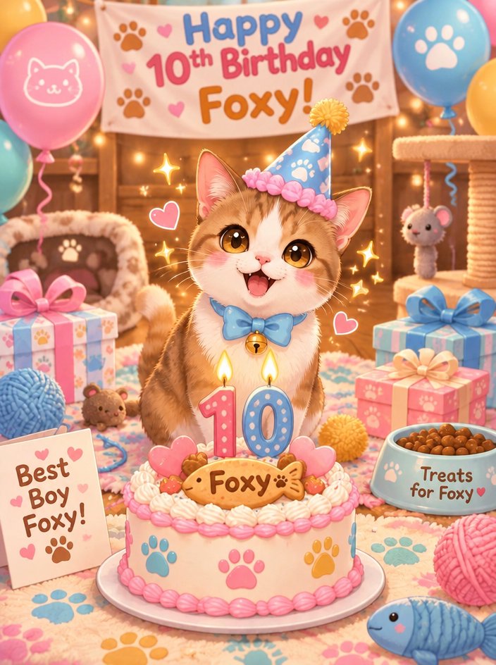 Kawaii birthday fox with cake, balloons, presents, and pastel party decorations