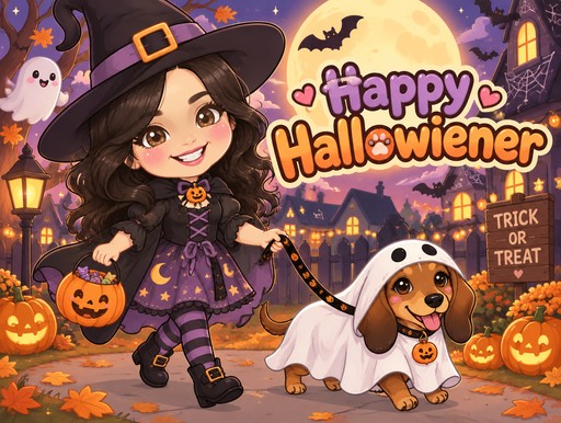 Kawaii Halloween illustration of a person and a dog in costumes among pumpkins and bats.