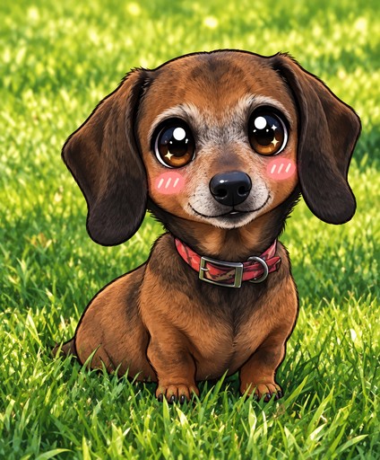 Kawaii brown dachshund sitting in bright green grass, illustrated in a colorful style.