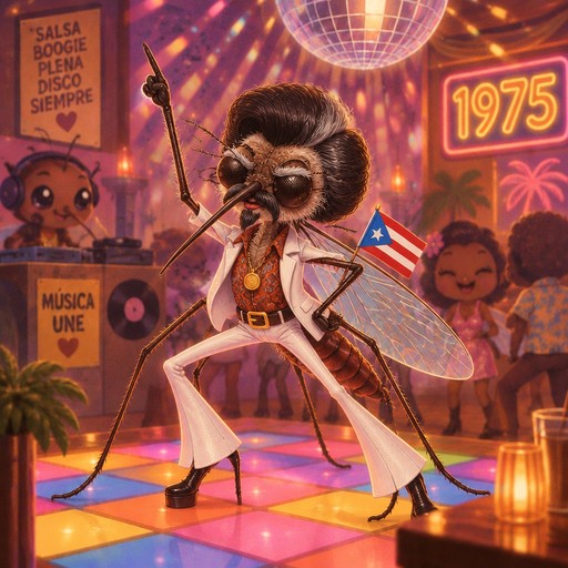 Kawaii disco scene with an insect DJ dancing beneath a glowing 1975 sign.