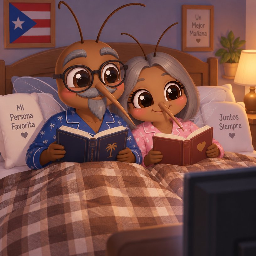 Kawaii cartoon animals reading books in bed, with warm brown and pink colors