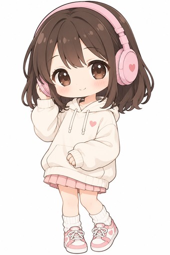Premium cute kawaii anime character illustration, charming young woman with a rounded face, oversized simple oval brown eyes, tiny minimal nose and mouth, gentle sleepy expression and soft peach blush. Dark chocolate-brown shoulder-length hair with simple rounded sections. She is standing in a relaxed three-quarter pose wearing large pastel pink over-ear headphones, one hand lightly touching one earcup while the other hand rests naturally near her sweater. Oversized cream hoodie with a small pink heart emblem, simple comfortable proportions. Clean premium 2D kawaii illustration, simplified anime facial structure, large readable shapes, pastel cream-pink-brown palette, smooth flat cel shading, subtle highlights, minimal controlled clothing folds. Uniform medium-fine clean outlines with consistent thickness throughout the entire character and headphones, no thick outer lines, no thin sketch lines, no extra-fine decorative details. Clean closed shapes, crisp edges, natural simple hands, uncluttered hair silhouette. Completely blank white background, isolated character, no music notes, no glow, no particles, no scenery, no text, no watermark. Print-oriented HD merchandise artwork optimized for transparent background extraction and 300-DPI enlargement, 4:5 composition.