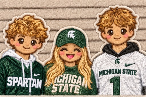 Three kawaii people in green Michigan State clothing against a beige background