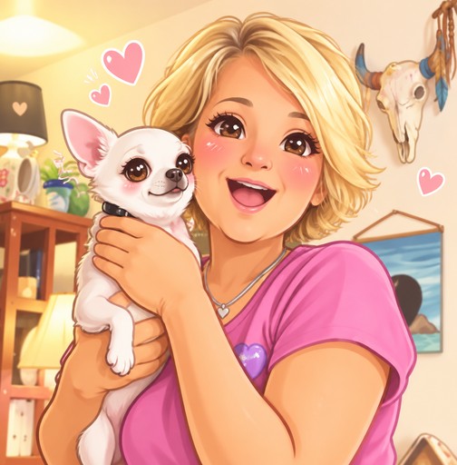 Kawaii illustration of a person holding a white cat in a colorful room