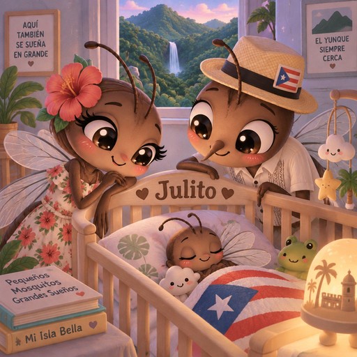 Kawaii illustrated bear characters decorate a cozy crib in warm pastel colors.