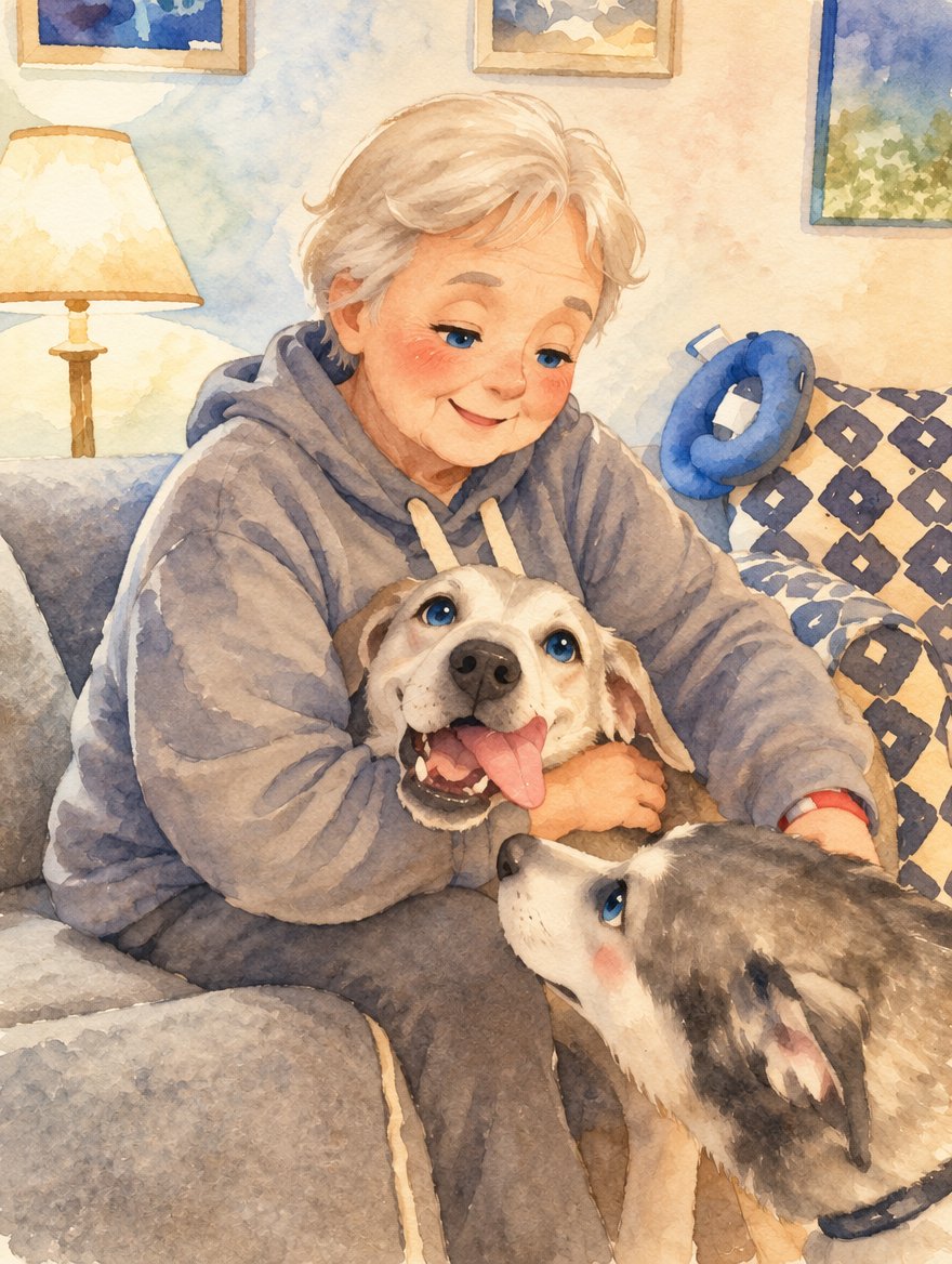 Kawaii watercolor illustration of a person cuddling two dogs in a cozy room.