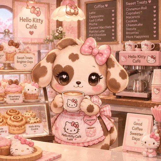 I want a little puppy with a doggy and cinnamon roll appearance but not to much like cinnamon roll little brown cow spot but put a heart shaped one on the right eye to make it unique big adorable eyes like hellokittys but I was a bow like a Minnie Mouse bow but not with dots but little hearts and a cafe apron with the hello kitty cafe since she’s a hello kitty cafe barista and make her have rosy pink checks not to heavy but very light make her hold like a coffee mug and for the background make a cafe with the sweet treat noticeable and also but a coffee machine but on the apron but a heart on the left side of her chest with her name display on it