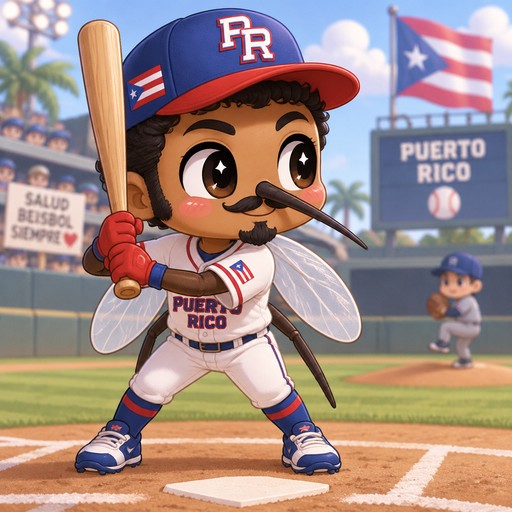 Puerto Rican male mosquito with black hair, mustache, goatee and sideburns wearing baseball uniform and hat holding baseball bat and waiting for the pitcher to throw the ball