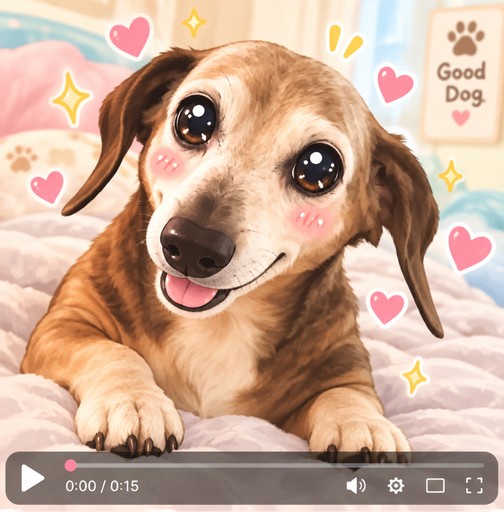 Kawaii brown dog lying on a blanket with hearts and sparkles