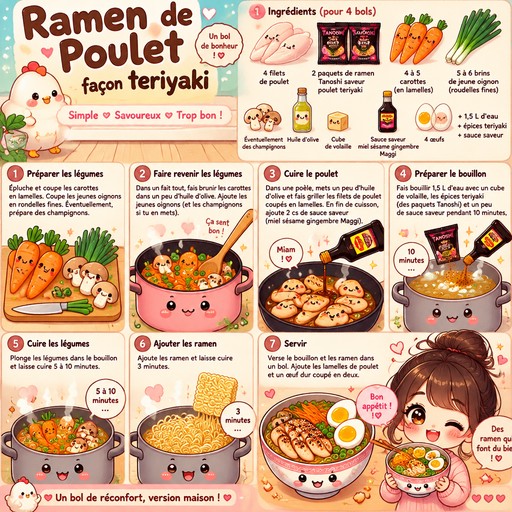 ramen de poulet 4 FILET DE POULET , 2 packet de ramen  tanoshi saveur poulet teriyaki(image) ,dans une fait tout , faire brunir des carotte en lamelle ( 4 a 5 carottes ) + 5/6 brin de jeune oignon coupe en roudelle fine+ éventuellement des champignon, dans une poele , mettre de l huile d olive et grille les blanc de poulet (coupez en lamelle)et rajouter 2 cs de sauce saveur a la fin de cuisson  (miel sesame gemgembre maggi(image)) faire bouillir de l'eau 1,5L avec un cube de volaille +les epices teriyaki + sauce saveur pendant 10 minutes plonges les legumes dedans pendant ( 5a 10minutes) puis les ramen 3 minutes , verse le bouillon dans un bol et serve avec les filet de poulet et  1 oeuf dur couper en deux