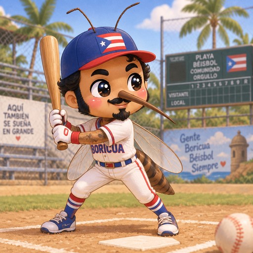 Puerto Rican male mosquito with 2 antenna sticking out of baseball hat, black hair and prominent side burns, black mustache and goatee, playing baseball in local ball park