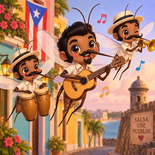 Kawaii musicians play guitar, drums, and trumpet on a colorful street.