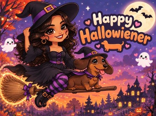 Kawaii Halloween witch riding a broom with a dog against a purple sunset sky