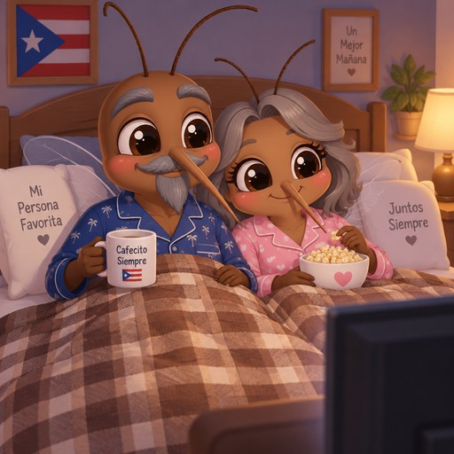 Puerto Rican male mosquito with gray eyebrows, mustache and goatee and long tapered proboscus watching tv in bed with his wife who has gray shoulder length hair.  They both are wearing pajamas and have their legs covered with a brown and beige plaid blanket.