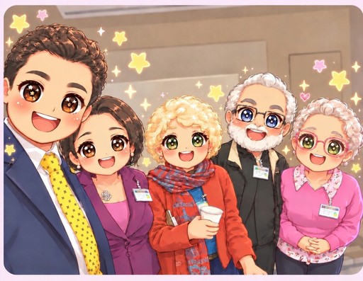 Kawaii illustrated group posing together in colorful formal outfits with stars and flowers.