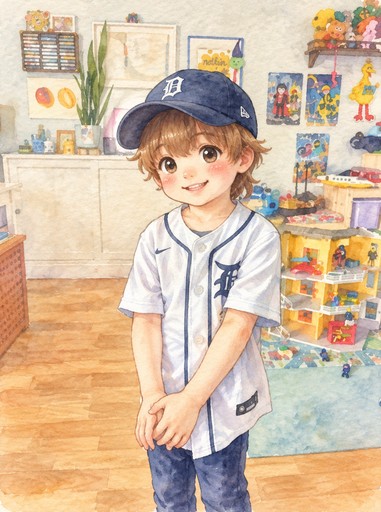 Kawaii watercolor illustration of a person in a blue cap standing in an art classroom.