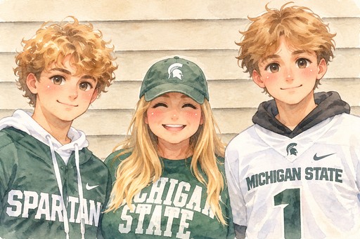 Three people in watercolor-style Michigan State hoodies and a green cap.