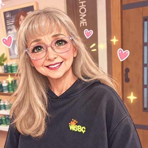 Kawaii illustration of a person smiling in a dark hoodie, with pink hearts and sparkles