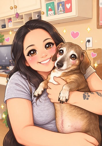 Kawaii illustration of a person cuddling a dog in a cozy room with hearts.