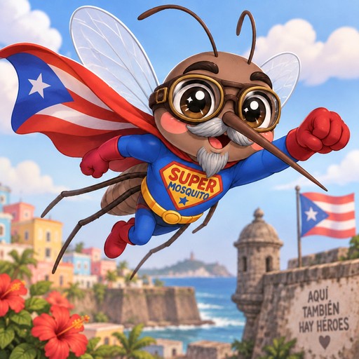 Kawaii cartoon flying dog superhero with glasses above a colorful coastal cityscape, holding flags.