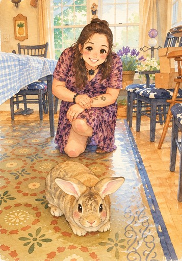 Kawaii illustration of a person seated among tables with a rabbit on a patterned rug.