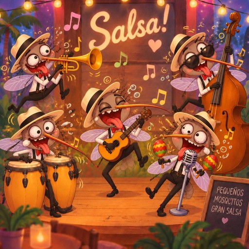 Kawaii cartoon musicians playing salsa with guitars, brass, and percussion in warm colors