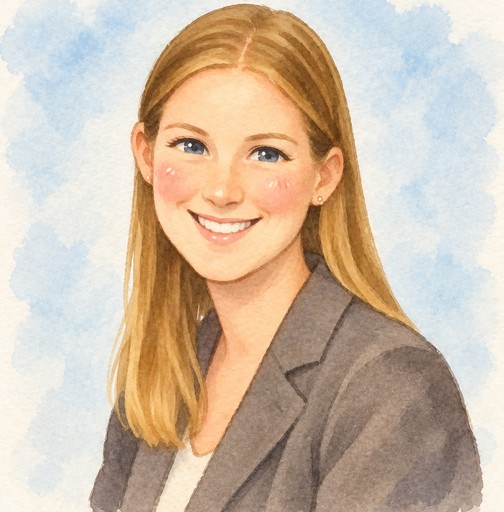 Kawaii watercolor portrait of a smiling person in a gray blazer against a blue background