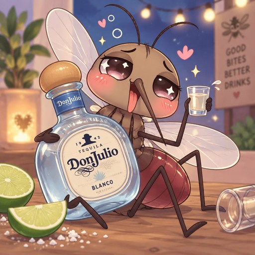 Zany, drunk mosquito with bottle of Don Julio tequila