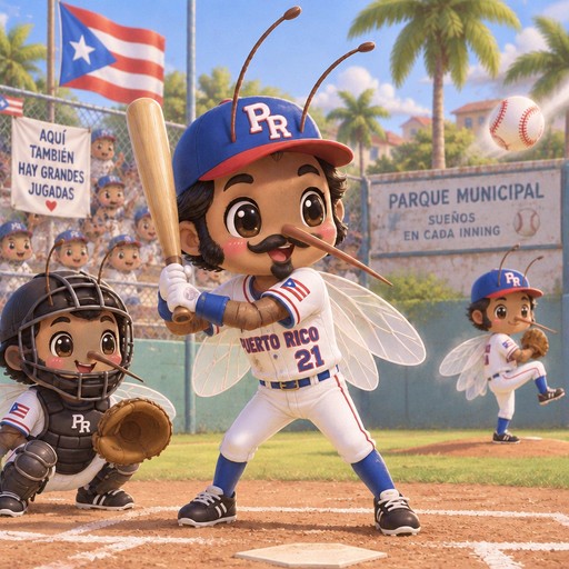 Kawaii baseball players in a Puerto Rican park, with bright flags and tropical scenery.
