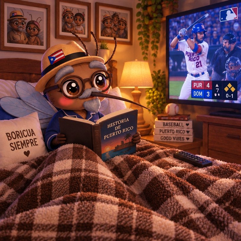 Kawaii big-eyed character reading in bed while baseball plays on TV