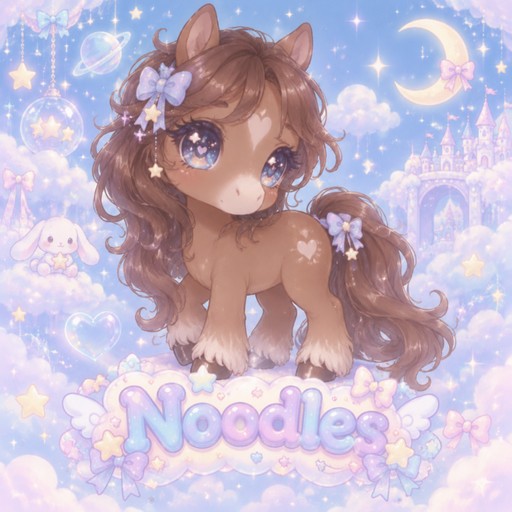 Cavallo marrone chibi con lo sfondo blu e una scritta sotto con scritto Noodles