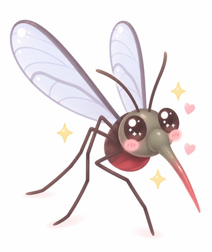 Kawaii cartoon mosquito with translucent wings, pink heart accents, and yellow sparkles