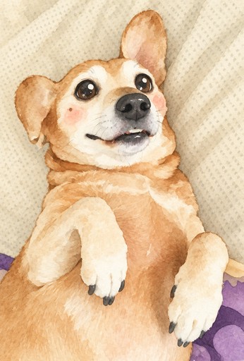 Kawaii watercolor illustration of a smiling corgi lying on its back with paws raised.