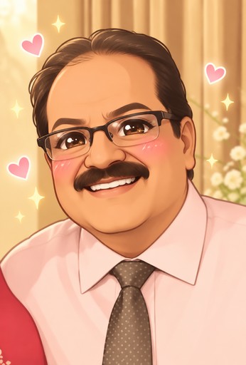 Kawaii portrait of a smiling person with glasses, surrounded by pink hearts and sparkles