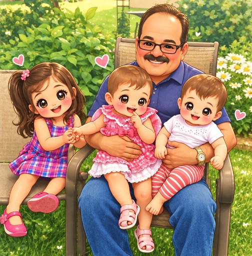 Kawaii illustration of a smiling person and two children sitting outdoors in colorful clothes.