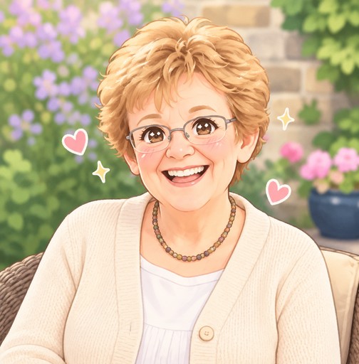 Kawaii-style illustration of a smiling person in a cream cardigan amid flowers and greenery.