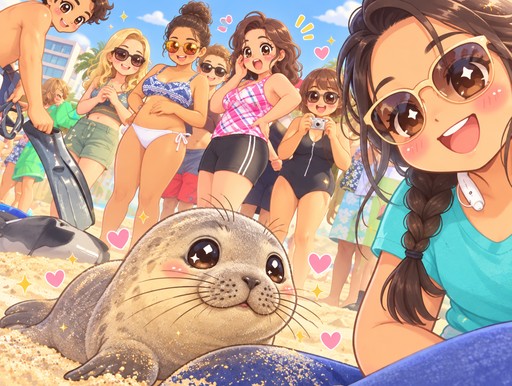 Kawaii seaside illustration of people posing with a seal in bright summer colors