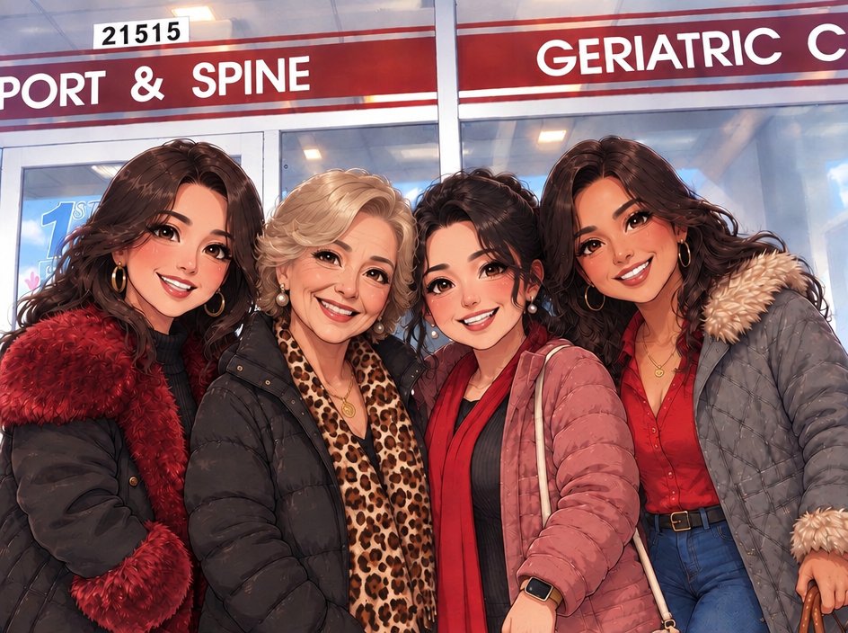 Four people pose together in colorful coats beneath a clinic sign.