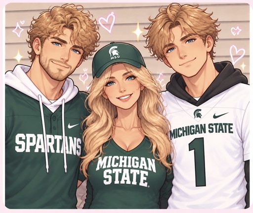Kawaii-style trio wearing Michigan State sportswear with pink heart accents.