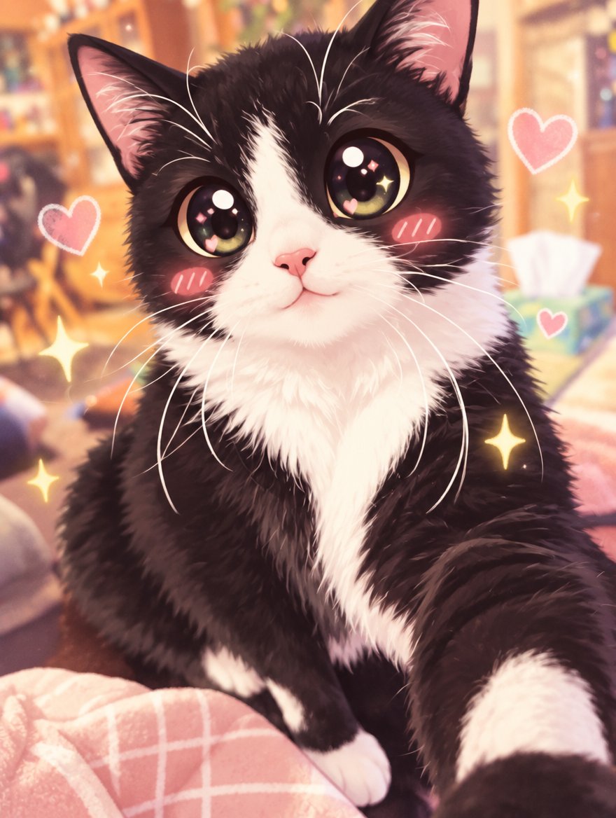 Kawaii black-and-white cat sitting among sparkling hearts in warm pastel colors