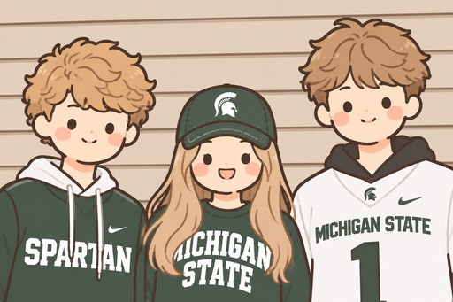 Kawaii illustration of three people wearing green and white Michigan State Spartan clothing.