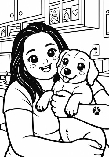 Kawaii black-and-white line art of a person cuddling a puppy indoors.