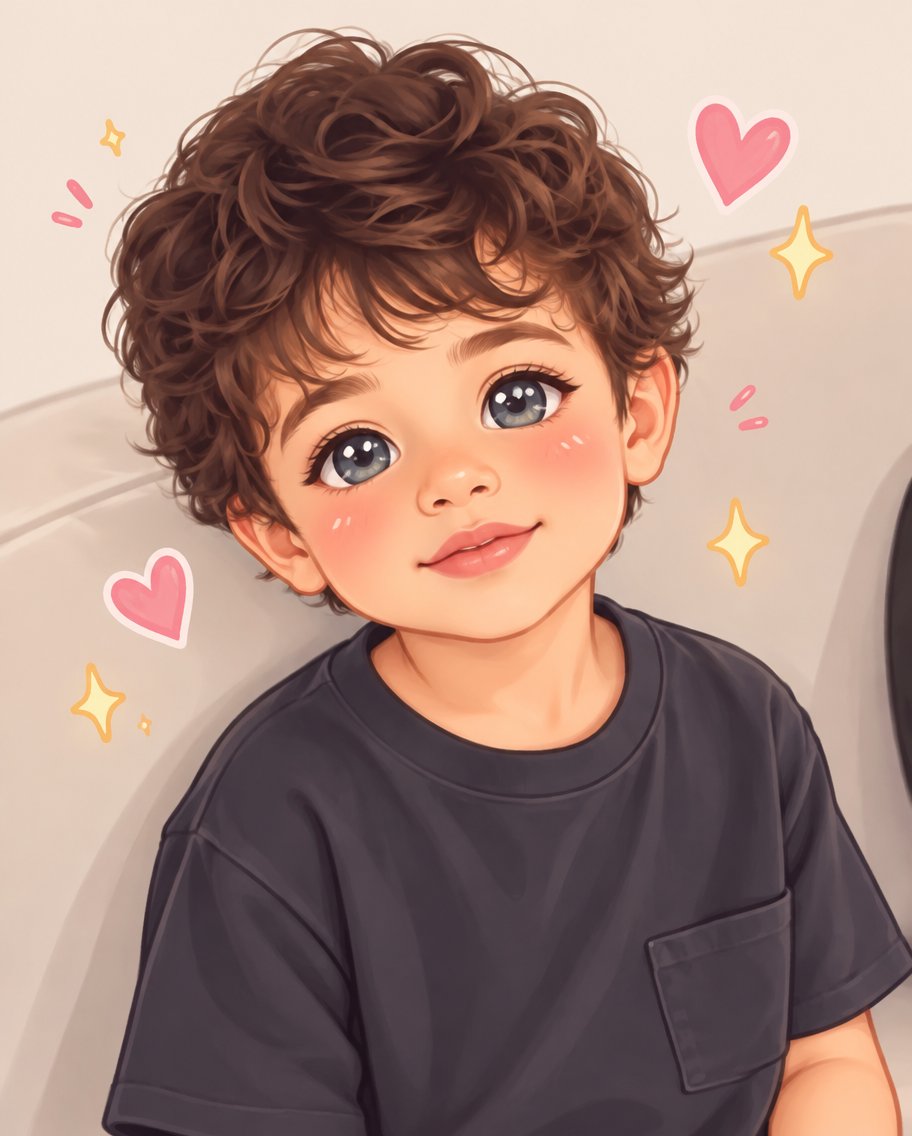 Kawaii illustration of a person with curly brown hair wearing a dark shirt.