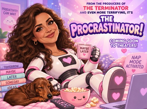 Colorful cartoon poster with a person, dog, coffee cup, and laptop in pink and purple tones