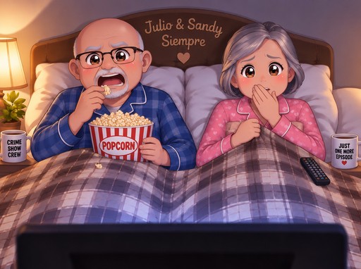 Kawaii illustration of two people watching television under a plaid blanket with popcorn.