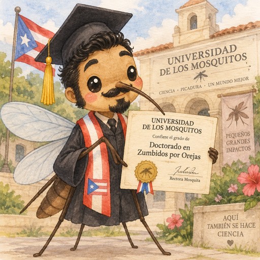 Puerto Rican male mosquito with black hair, side burns, mustache and goatee graduating from Universidad de los Mosquitos with Doctorate of Buzzing by Ears
