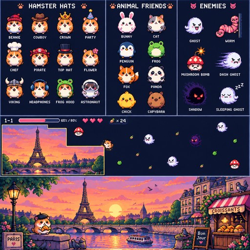 Pixel art sprite sheet, 16x16 sprites scaled up 8x, crisp pixels, no anti-aliasing.
The same chubby kawaii hamster wearing 12 different tiny hats: beanie, cowboy hat,
crown, party cone, chef hat, pirate bandana, top hat, flower, viking helmet,
headphones, frog hood, astronaut helmet. Grid layout on dark navy background,
cute arcade game shop items, cohesive limited palette.
Pixel art sprite sheet of 8 cute round animal characters in the same style as a
chubby hamster: bunny, cat, penguin, frog, fox, panda, chick, capybara.
16x16 sprites scaled up 8x, crisp pixels, kawaii, big eyes, limited palette,
dark navy background, grid layout.

Pixel art enemy sprite sheet for a cute but devilish arcade game, 16x16 sprites
scaled up 8x, crisp pixels, no anti-aliasing, limited palette, dark navy background.
Enemies: small floating ghost with mischievous grin, a wiggly worm that crawls
along walls, a red mushroom bomb about to explode, a fast angry dash ghost with
speed lines, a dark shadow creature with glowing eyes, a sleeping ghost with "Zzz".
Cute but slightly evil, kawaii troll vibe.

Gameplay screenshot of a cute pixel art arcade game like Qix / Xonix,
640x360 resolution, crisp pixels. A tiny hamster draws a thin glowing line
across a dark navy field to cut off territory; claimed area reveals a colorful
pixel art picture of the Eiffel Tower at sunset underneath. Several cute ghosts
bounce in the open dark area, small seeds scattered around. Minimal HUD on top:
level "1-1", progress bar "62% / 80%", three pink hearts, seed counter.
Kawaii, clean, readable.

Pixel art illustration, 608x320, crisp pixels, no anti-aliasing, 32-color palette,
cute cozy style. [Eiffel Tower in Paris at sunset] with small kawaii details
(a tiny hamster with a beret hidden in the scene, pigeons, croissant stand).
Wide landscape composition, bright cheerful colors, Stardew Valley and
Kirby pixel art mood.