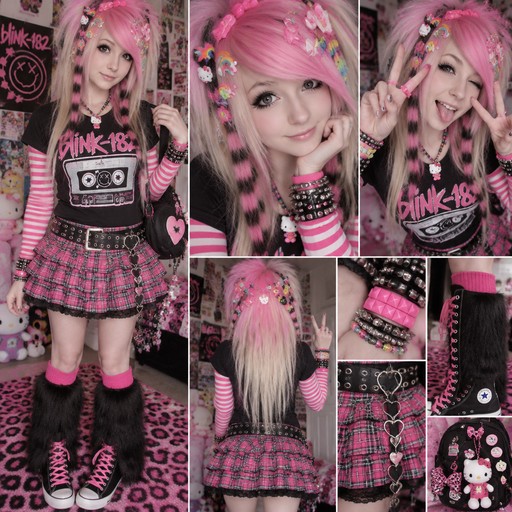 Her hair is long, straight, and layered, with a choppy, voluminous scene-style cut. The top of her hair is a vibrant bubblegum pink that gradually blends into a pale platinum blonde, with the blonde most prominent underneath and throughout the back of her hair. Her bangs are thick, side-swept, and heavily layered, falling diagonally across her forehead. Two long sections of hair frame either side of her face, featuring alternating black and pink stripes known as raccoon tails. The ends of these sections are wispy and uneven, with darker streaks that emphasize the edgy, alternative aesthetic. Her hair has a teased, fluffy texture at the crown, with plenty of volume and feathery, razor-cut layers. The overall hairstyle has a distinctly 2000s scene-kid aesthetic, combining bright pink and platinum blonde with bold black raccoon-tail streaks.
She is wearing a fitted black, short-sleeved band T-shirt featuring a large pink, white, and gray Blink-182 graphic with a cassette tape design across the front. Underneath, she is wearing a long-sleeved hot pink shirt with thin white horizontal stripes, with the striped sleeves extending past the short sleeves of the black T-shirt. She is wearing a short, layered hot pink plaid miniskirt with black, white, and gray crisscrossing lines, featuring multiple ruffled tiers that give it a flouncy, alternative look. Around her waist, she is wearing a thick black and dark brown studded belt with metallic silver studs, a large decorative rectangular buckle, and additional metal detailing. Hanging from the side of her skirt is a black heart-shaped chain accessory with dangling heart charms and decorative hardware. On her wrists, she is wearing chunky studded and spiked bracelets in silver, black, and hot pink, including a bright pink pyramid-studded cuff. She is wearing fluffy black faux-fur leg warmers over hot pink knit cuffs. On her feet, she is wearing black knee-high Converse sneakers with bright pink laces, giving the outfit an extra 