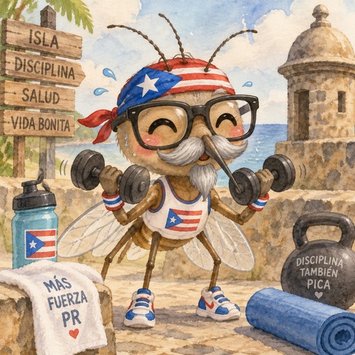 Puerto Rican mosquito with gray mustache and goatee wearing thick eyeglasses and exercising